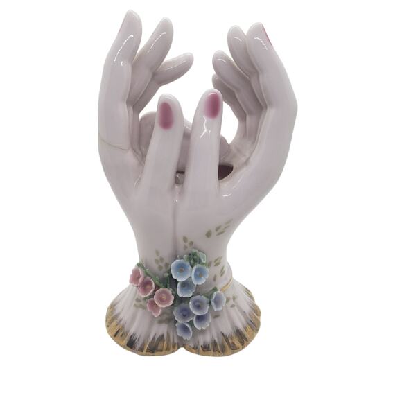 Vintage 1960s Lefton Porcelain 2 Hands Vase Planter Gold Trim Floral Gift - Picture 1 of 16
